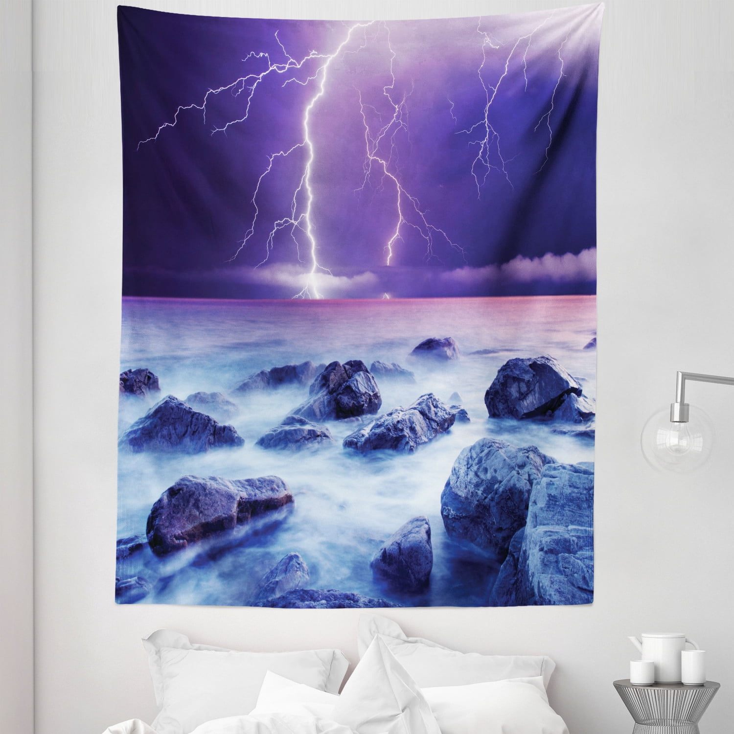 Storm Tapestry Stormy Sky Scary Ocean Rocks Night View Theme Art Prints in Abstract Colors Fabric Wall Hanging Decor for Bedroom Living Room Dorm 5 Sizes Purple and Indigo by Ambesonne