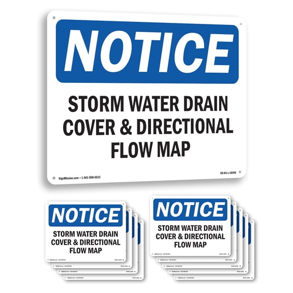 Storm Water Drain Cover & Directional Flow Map OSHA Notice Aluminum Sign 10 Inch x 7 Inch - 10 Pack