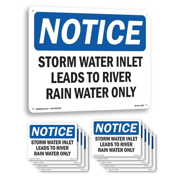 Storm Water Inlet Leads To River Rain Water Only OSHA Notice Rigid Plastic Sign 10 Inch x 7 Inch - 10 Pack