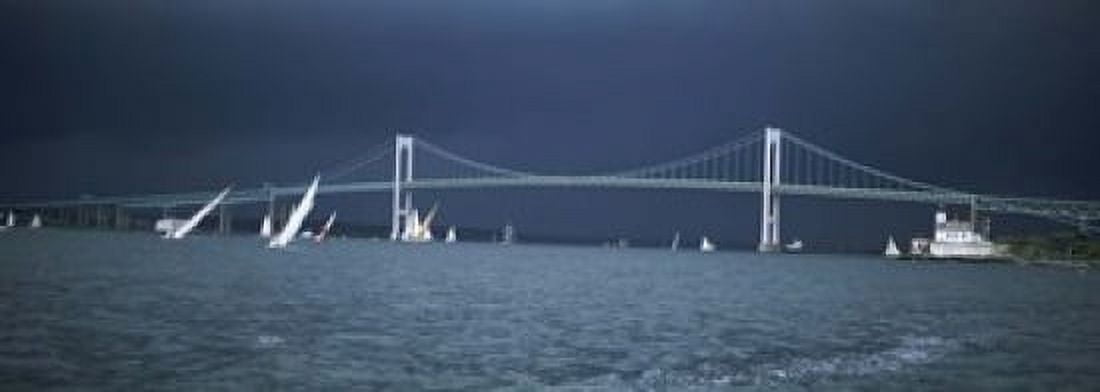 Storm approaches sailboats racing past Rose Island lighthouse and Newport Bridge in Narragansett Bay Newport Rhode Island USA Canvas Art - Panoramic Images (18 x 7)