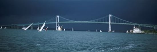 Storm approaches sailboats racing past Rose Island lighthouse and Newport Bridge in Narragansett Bay Newport Rhode Island USA Canvas Art - Panoramic Images (36 x 13)