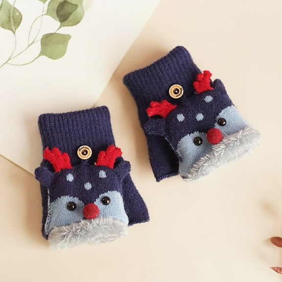 Stormdoing Children's Fingerless Gloves Children Winter Warm Casual Christmas Knit Cute Pattern Mittens Plus Velvet Flip Fingerless Multifunction Glove