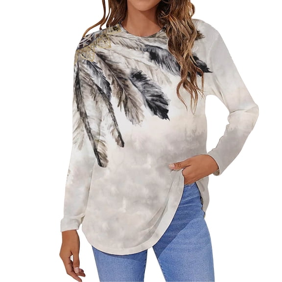 Stormdoing T Shirts for Women Winter Fall Round Neck Shirt Long Sleeve Ethnic Print Blouse Regular Casual Tops