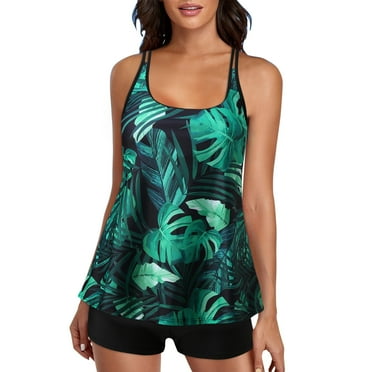Stormdoing Womens Tropical Print Tankini Swimsuits Wide Strap Tankini Tops with Bikini Bottom Two Piece Tummy Control Bathing Suits