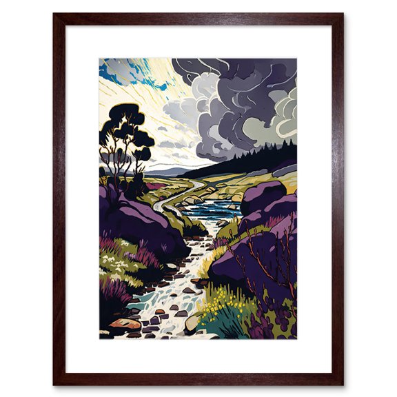 Stormy Clouds over Stream Wild Scottish Landscape Artwork Framed Wall Art Print 9X7 Inch
