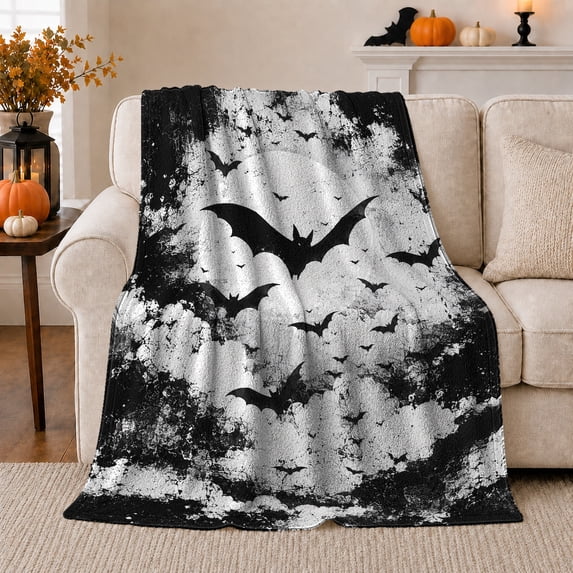 Stormy Gothic Night Sky Flying Bat Swarm Eerie, Dramatic Gothic Scene, Warm Flannel Blanket for Home Library and Reading Nook, Art Lovers Housewarming Gift, Gothic Home Decor