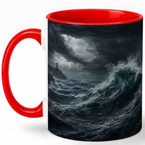 Stormy Ocean Coffee Mug, Dark Lighthouse Sea Waves Design, 11 oz Ceramic Cup
