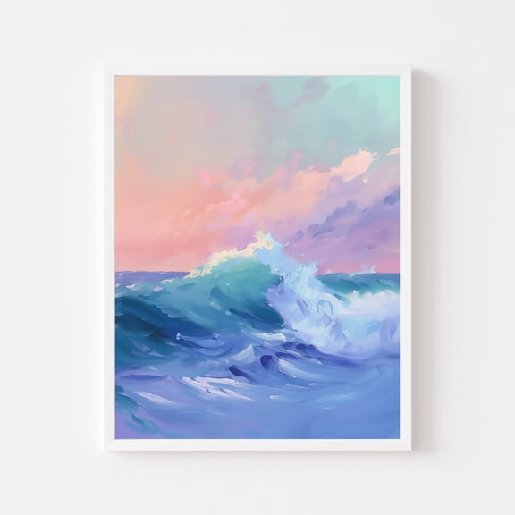Stormy Ocean Wave Pink Sunset Seascape Wall Art, Unframed Paper Print Size 8x12