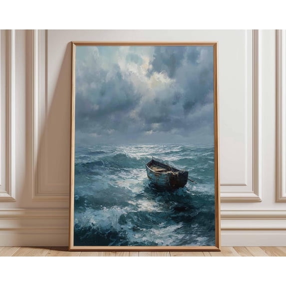Stormy Sea Boat Dramatic Ocean Solitary Rowboat Rough Waves Moody Nautical Wall Art Print, Unframed Paper Poster 16x20in
