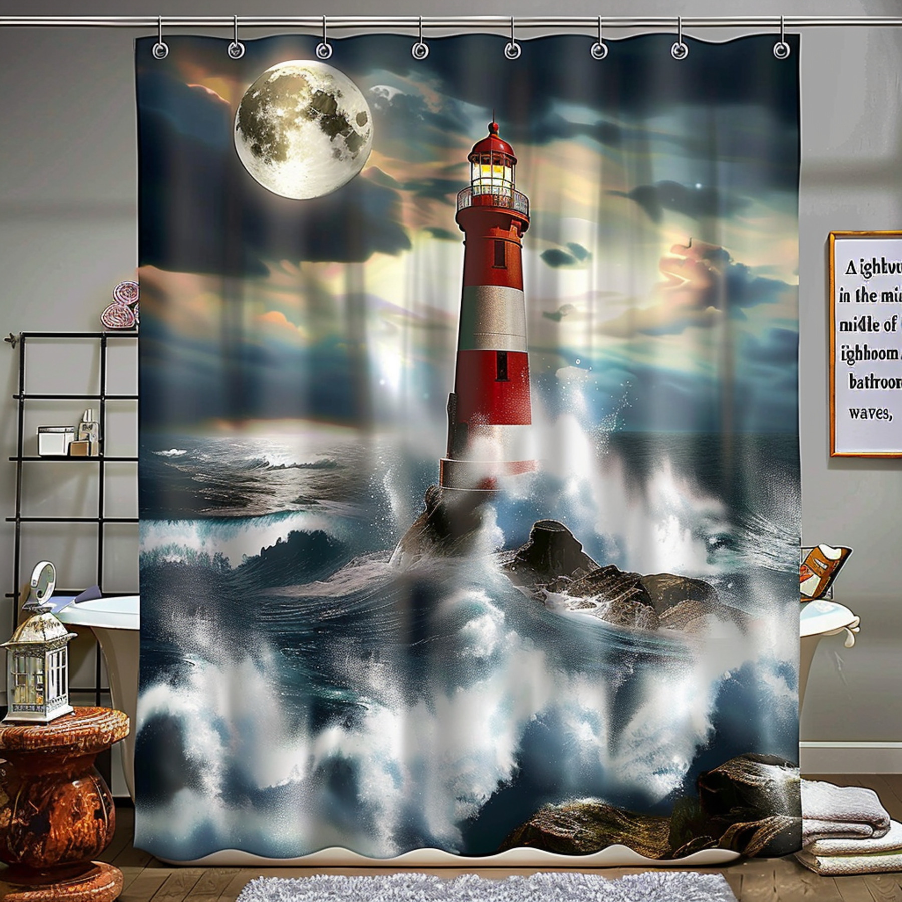 Stormy Sea Lighthouse Moon Waves Bathroom Curtain Shower Curtain with