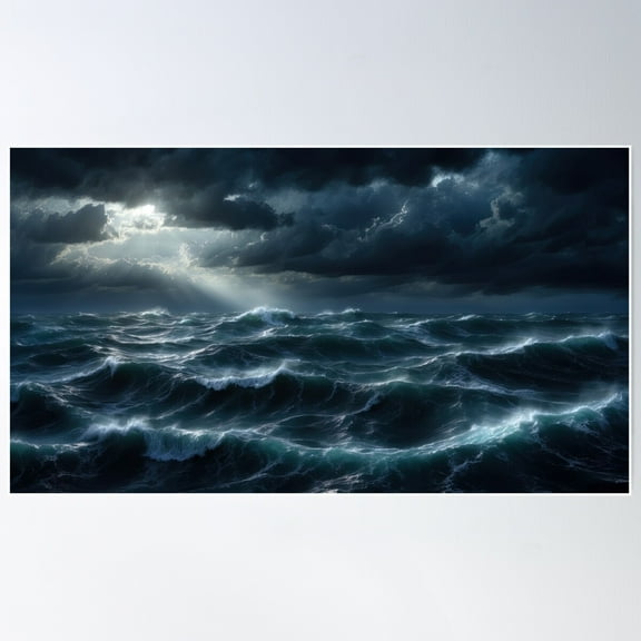 Stormy Sea At Night. Heavy Sea. A Strong Storm With Big Waves In The Ocean. Night Thunderstorm. Dark Mode Colors. Poster Wall Art, Modern Wall Decor For Living Room Bedroom, 24x36 UNFRAMED