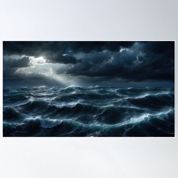 Stormy Sea At Night. Heavy Sea. A Strong Storm With Big WavesThe Ocean. Night Thunderstorm. Dark Mode Colors. Poster Wall Art Modern Wall Decor For Living Room Bedroom