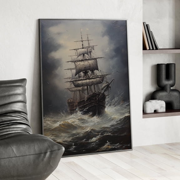 Stormy Sea Sailing Ship Wall Art, Vintage Nautical Beach House Decor, Unframed Paper Print Size 8x12