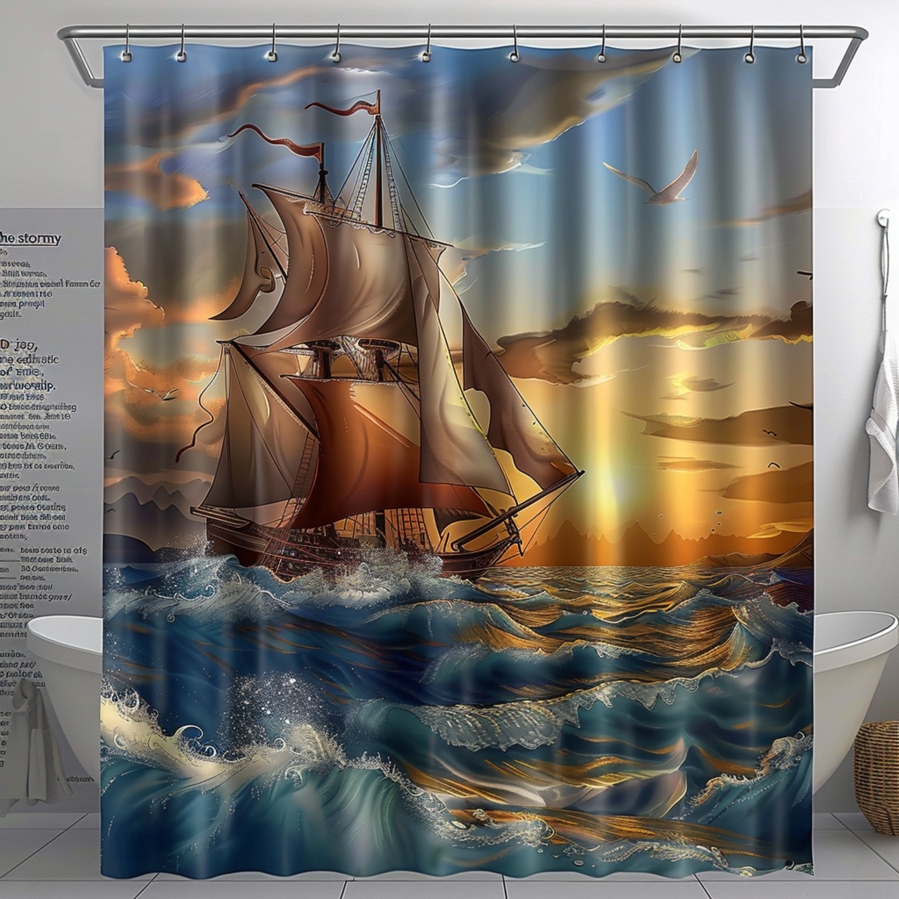 Stormy Seas Sunset Sail Shower Curtain Theme with Ultra Realistic Movie