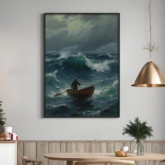 Stormy Seascape Man In Boat, Dramatic Ocean Home Decor, 12x18 UNFRAMED