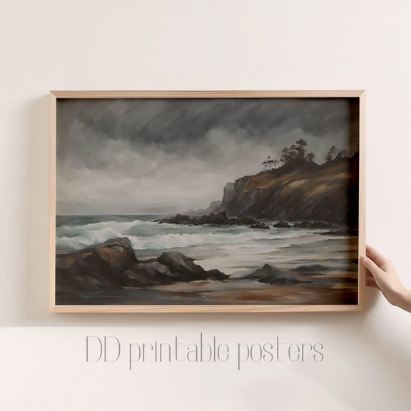 Stormy Seascape Print, Moody Coastal Cliff Art Home Decor #1320, Stretched Canvas Size 12x18