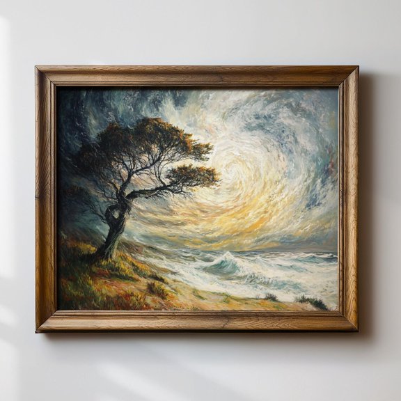 Stormy Seascape Wall Art Print, Windy Tree And Dramatic Abstract Ocean Landscape