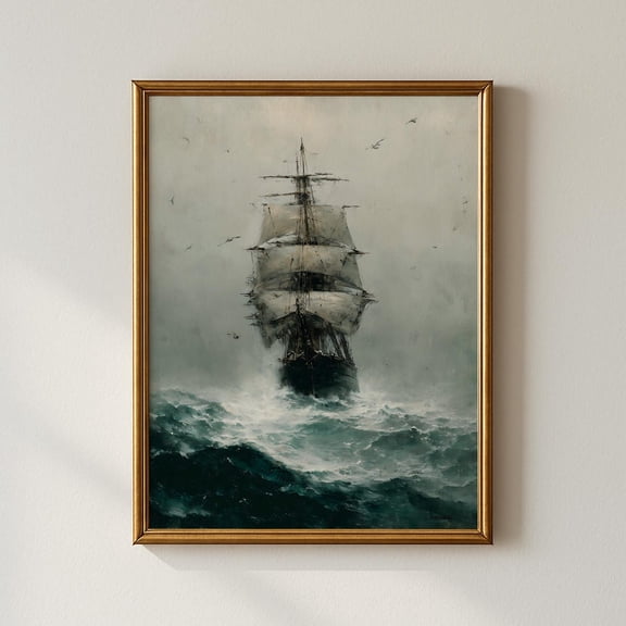 Stormy Ship Wall Art, Moody Nautical Of Tall Ship In Dark Ocean Waves, Vintage Maritime Home Decor #1153, Unframed Poster Size 8x12