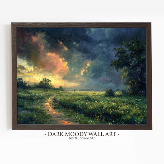 Stormy Spring Meadow Path Wall Art Print, Moody Rainy Field Landscape, Seasonal Living Room And Home Decor