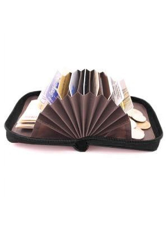 Smart Accordion Wallet Card Case, Slim Minimalist Fine Italian-Tanned Leather Wallet with 10 Credit Card Slots, Outer ID Window + Zippered Coin Pocket for Men, Women, Students, Seniors - Black