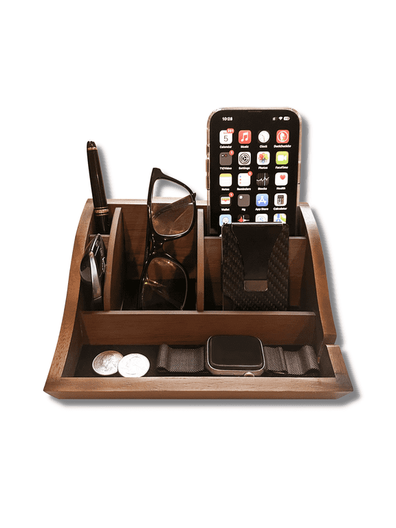 Smart Valet Tray for Messy People, Men, Desk, Office, House - Walnut Finish