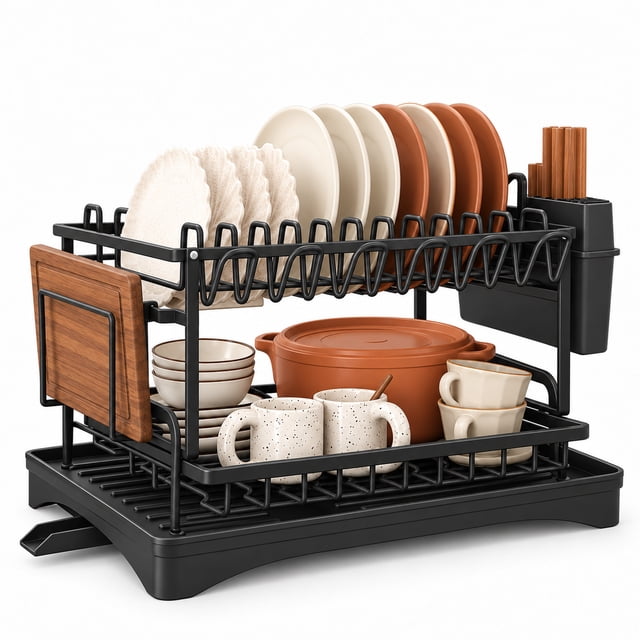 Storvive 2 Tier Carbon Steel Dish Drying Rack for Kitchen Counter With ...