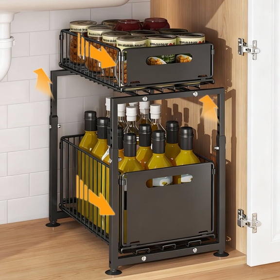 Storvive 2-Tier Under Sink Organizer, Carbon Steel Pull Out Cabinet Drawer, No-Drill Slide Out Storage for Kitchen Pantry Bathroom
