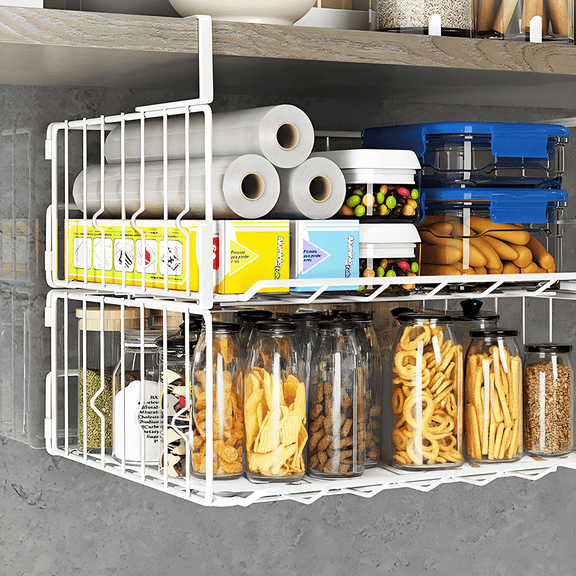 Storvive 2 pack Foldable Under Shelf Storage Basket, Hanging Wire Basket Shelves for Kitchen Pantry, Desk and Bookshelf, White