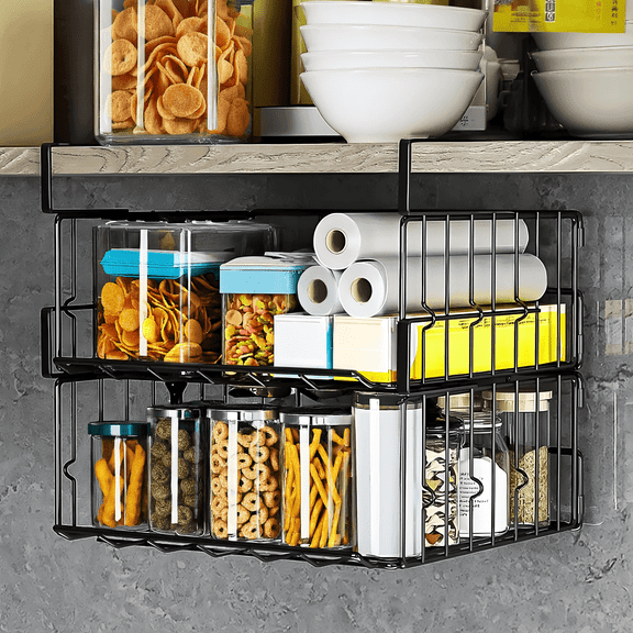 Storvive 2 pack Metal Foldable Under Shelf Storage Basket, Black Space-Saving Hanging Organaizer for Kitchen, Cupboard and Bookshelf