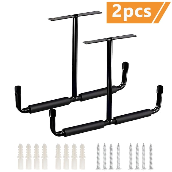 Storvive 2Pack Overhead Garage Storage Hooks, Heavy Duty Ceiling Mounted Utility Hanging Rack for Bike, Garden Tools, Black