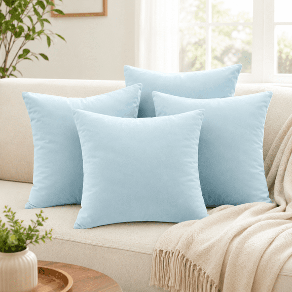 Storvive 4-Pack Velvet Throw Pillows 18x18 with Inserts Included, Soft Decorative Square Pillows for Couch, Sofa & Bed, Baby Blue
