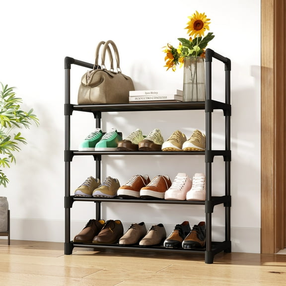 Storvive 4-Tier Shoe Rack, Sturdy Shoe Organizer, Metal Freestanding Shoe Shelf Holds up to 15-18 Pairs for Entryway Hallway and Closet, Black