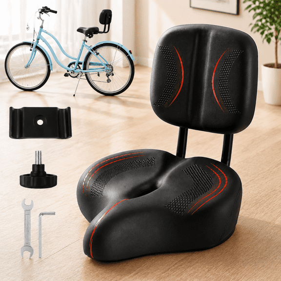 Storvive Bike Seat with Backrest, Oversized Comfortable Bicycle Saddle with Back Support, Wide PU Padded Cushion, Universal Replacement for Cruiser, Exercise Bikes, Tricycles