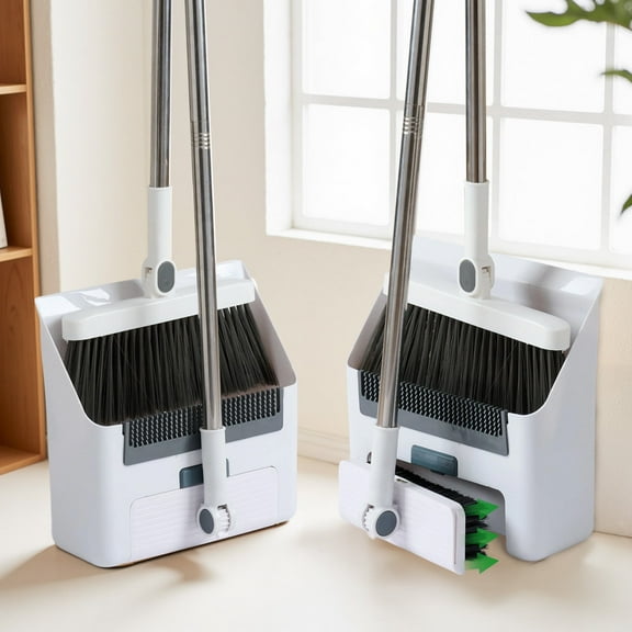 Storvive Broom with Dustpan Combo Set , 3 in 1 Silicone Broom, Long Handle Broom Dustpan, Floor Scrub Brush(White)
