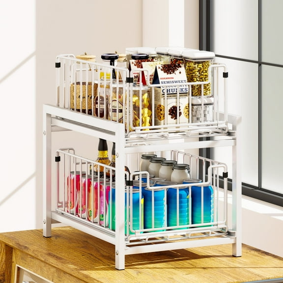 Storvive Metal 2 Tier Sliding Basket Drawer Storage Rack with Shelf for Kitchen & Bathroom, White