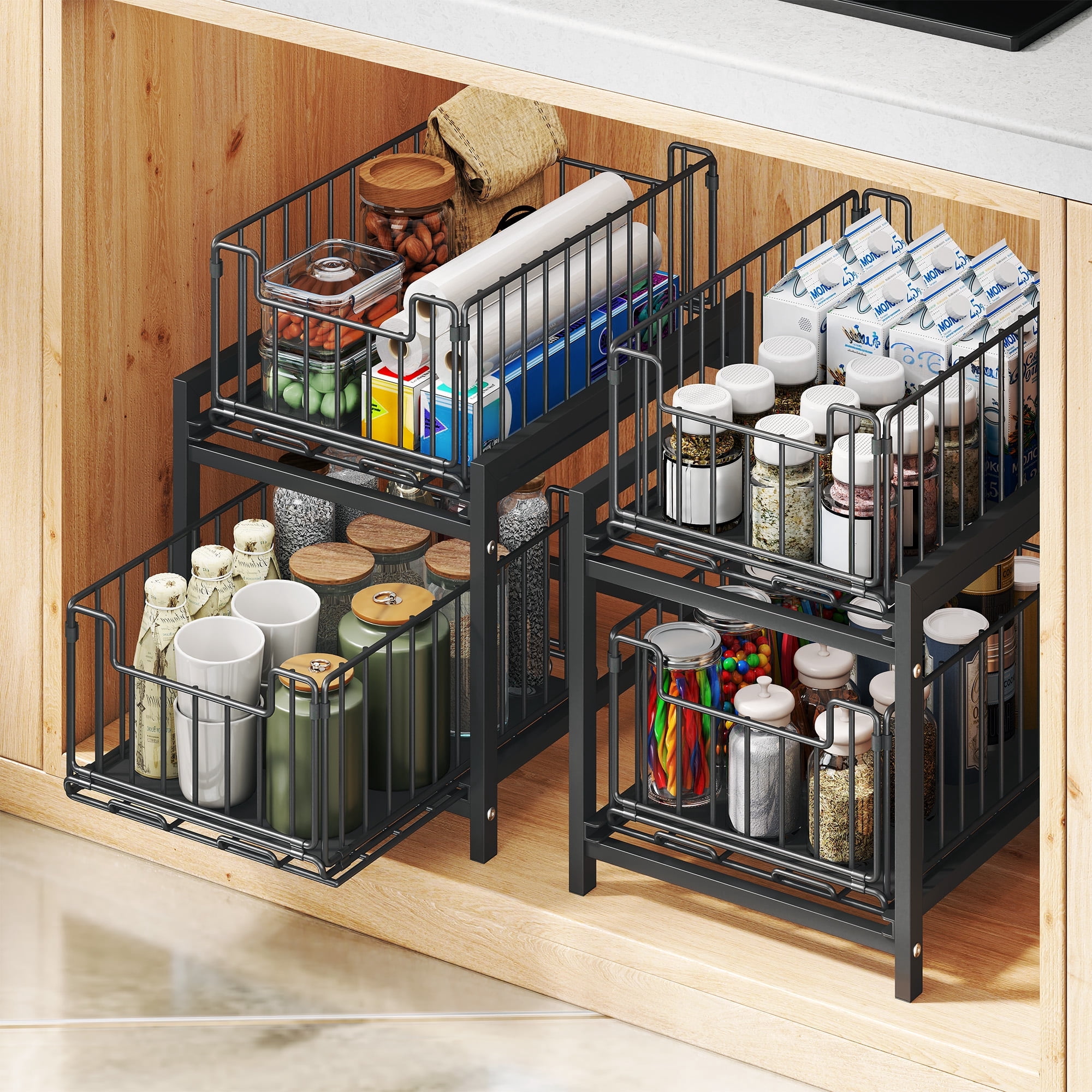 Storvive Metal 2 Tier Sliding Basket Drawer Storage Rack with Shelf for Kitchen & Bathroom