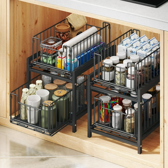 Storvive Metal 2 Tier Sliding Basket Drawer Storage Rack with Shelf for Kitchen & Bathroom