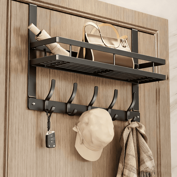 Storvive Over The Door Hooks Organizer, Back of Door Storage with 5 Hooks & 1 Basket for Bedroom, Bathroom