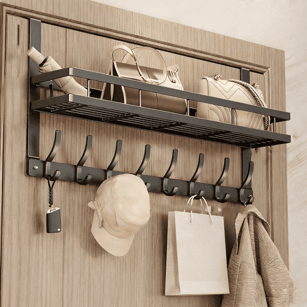 Storvive Over The Door Hooks Organizer Hanger, Holds Clothes, Bags, Hats, Keys with 8 Hooks & 1 Basket