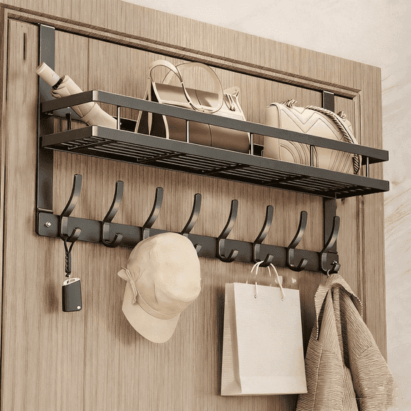 Storvive Over The Door Hooks Organizer Hanger, Holds Clothes, Bags, Hats, Keys with 8 Hooks & 1 Basket