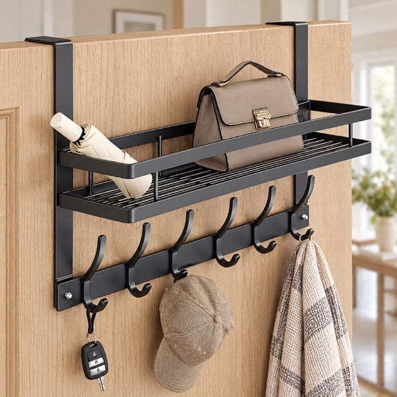 Storvive Over The Door Hooks Organizer Hanger, Space-Saving Door Hanging Rack with 6 Hooks & 1 Basket