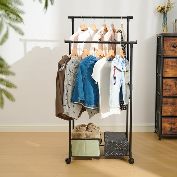 Storvive Portable Metal Drying Rack with Wheels & 2 Clothing Rods, Suitable for Bedroom, Balcony or Clothing Store Display, Black