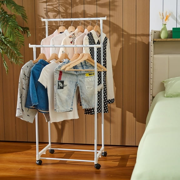 Storvive Portable Metal Drying Rack with Wheels & 2 Clothing Rods, Suitable for Bedroom, Balcony or Clothing Store Display, White