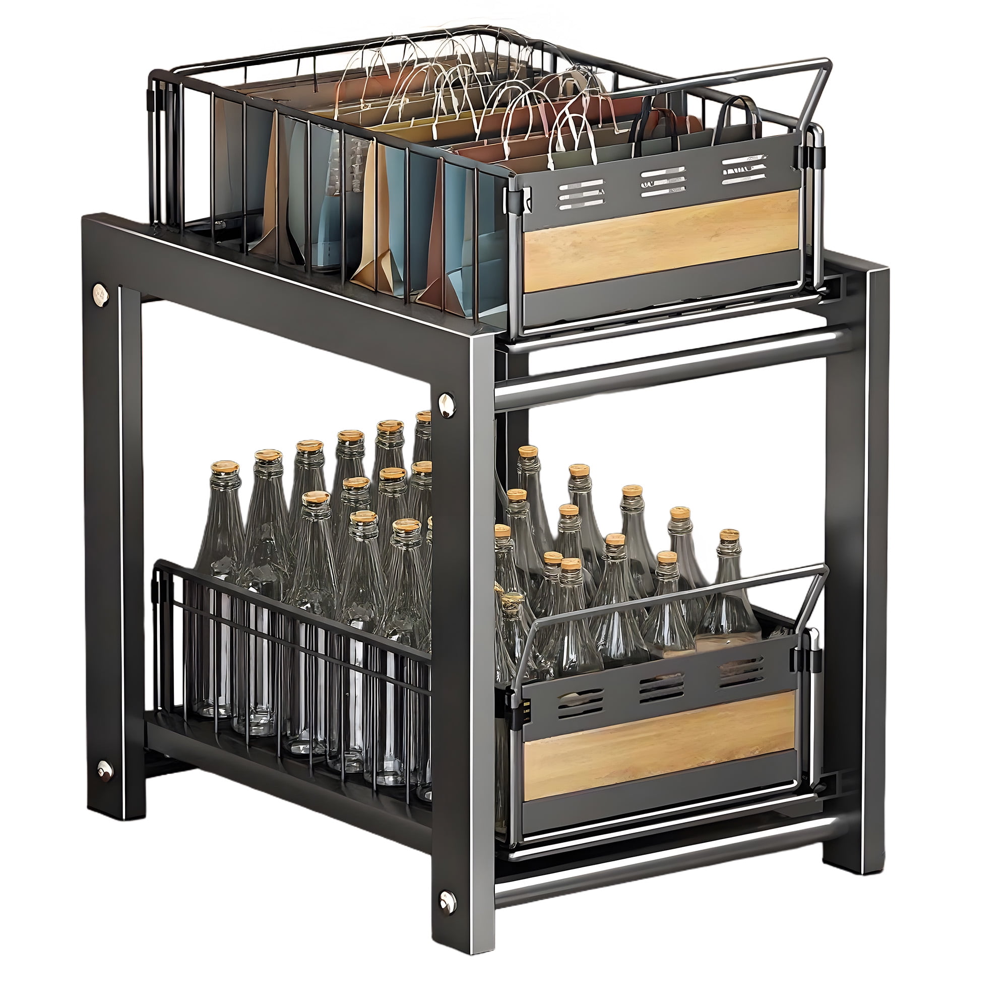 Storvive Under Sink Organizer Storage, 2-Tier Carbon Steel Shelf with 2 Baskets for Kitchen and Bathroom, Black
