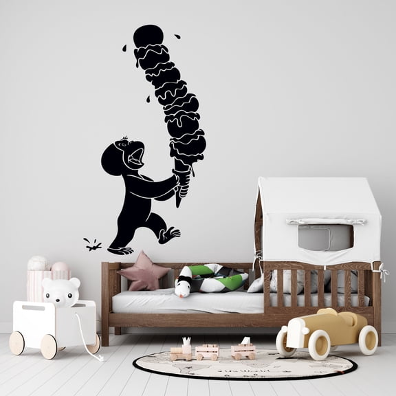 Story Book Curious George Tall Ice Cream Wall Decal | Girls Boys Kids Bedroom Nursery 48 Inch Monkey Animal Removable Art Decor - 20" x 28" Vinyl Adhesive Home Decoration Sticker - Black
