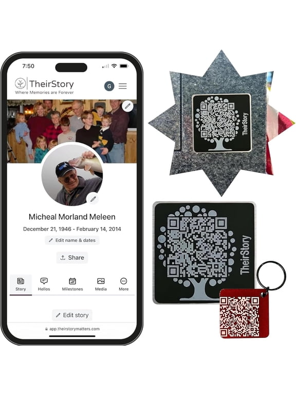 Their Story Gravestone Tags - Scannable QR Code - QR Code Keychain - Cemetery Tribute Sympathy, Memorial, Mother's, and Father's Day Gift - Medallion for Cemetery Headstones - Weather-Proof Aluminum