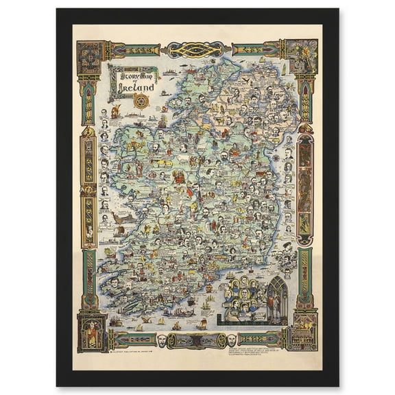 Story Map of Ireland Colortext 1936 Historic Pictorial Artwork Framed Wall Art Print A4