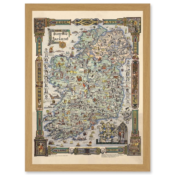 Story Map of Ireland Colortext 1936 Historic Pictorial Artwork Framed Wall Art Print A4