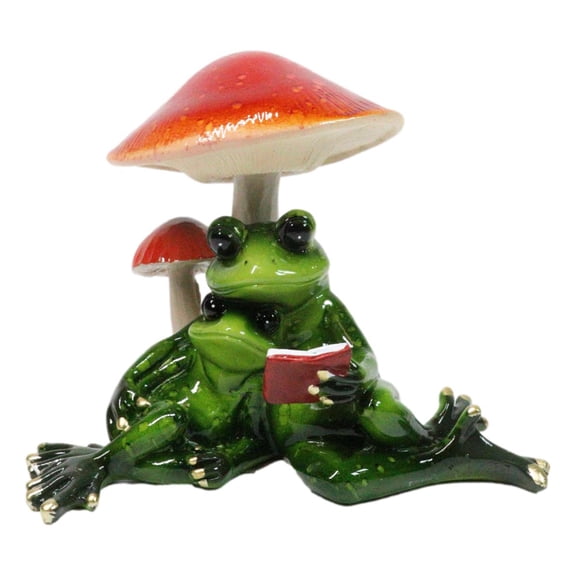 Story Time Green Frog Father Reading Book to Son By Toadstool Mushrooms Figurine