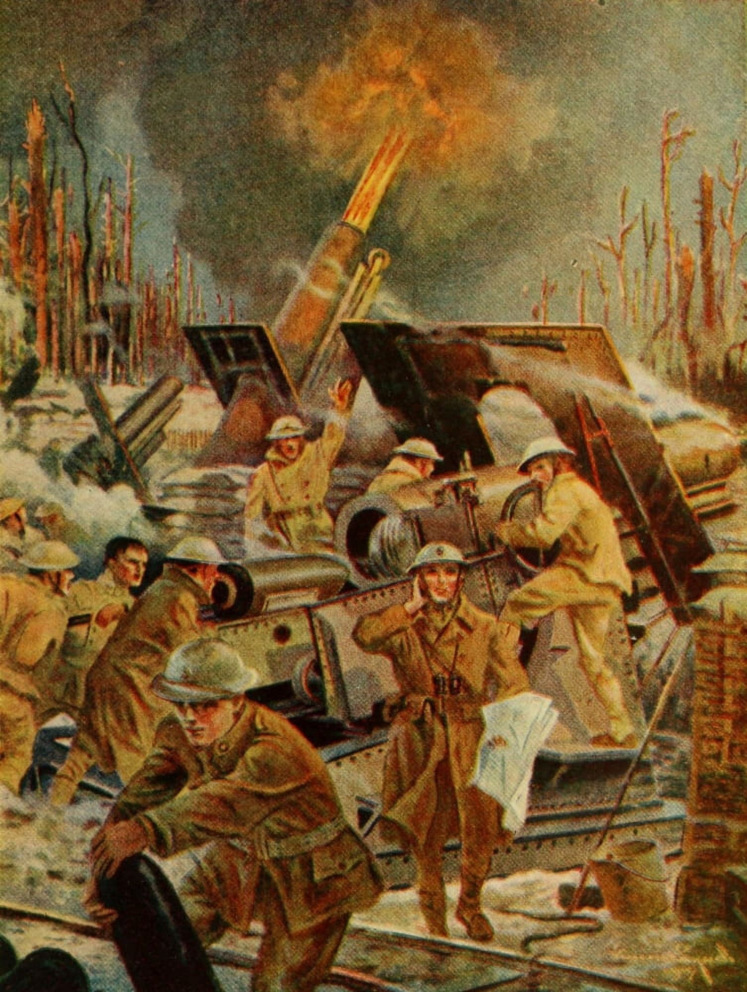 Story of Great War 1919 Cannoneers hurled gas on German trenches Canvas Art - V Lynch (24 x 36)